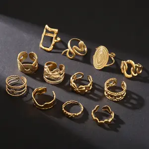 12PCS Fashion Ring Set, Irregular Geometric Titanium Steel Line Ring for Women, Trebdt Style, Hip-Hop Adjustable Open Finger Ring, Gift for Women