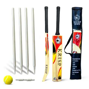 Cricket Bat Gift Set for Kids Wooden Cricket Bat Kit for Junior, Backyard Park Beach Indoor Outdoor Play Tennis Ball, Stumps, Bails, Carrying Bag Practice Cricket Match by Krisp Sports (Age 6-13)