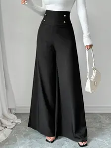 Gothic Fashion Black Elegant Wide-Leg Pants for Women, Womenswear Streetwear High Waist Solid Loose Everyday Women Casual Commuter Pants, Sexy Casual Loose Fitted Loose-Fit Elastic Waist Casual Y2K Long Pants Chic