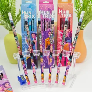 12-Pack Original Wood Pencils, Cartoon K-Pop Design, Large Eraser Tip, Wooden Writing Pens, Ideal for Practice and Writing