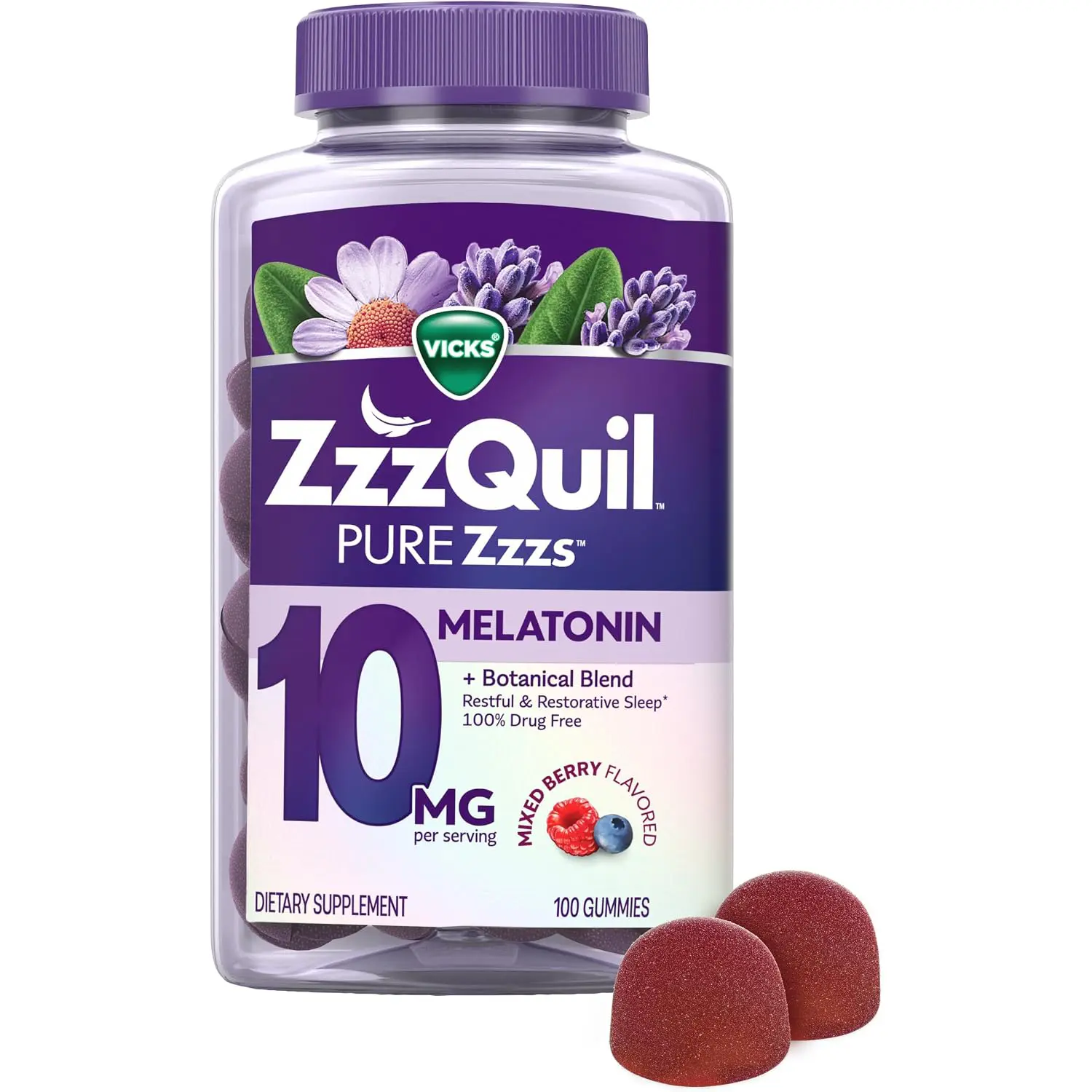 Pure Zzzs Advanced Melatonin Gummies 10mg Sleep Aid with Chamomile Lavender Berry Flavor 100 Gummies for Adults
