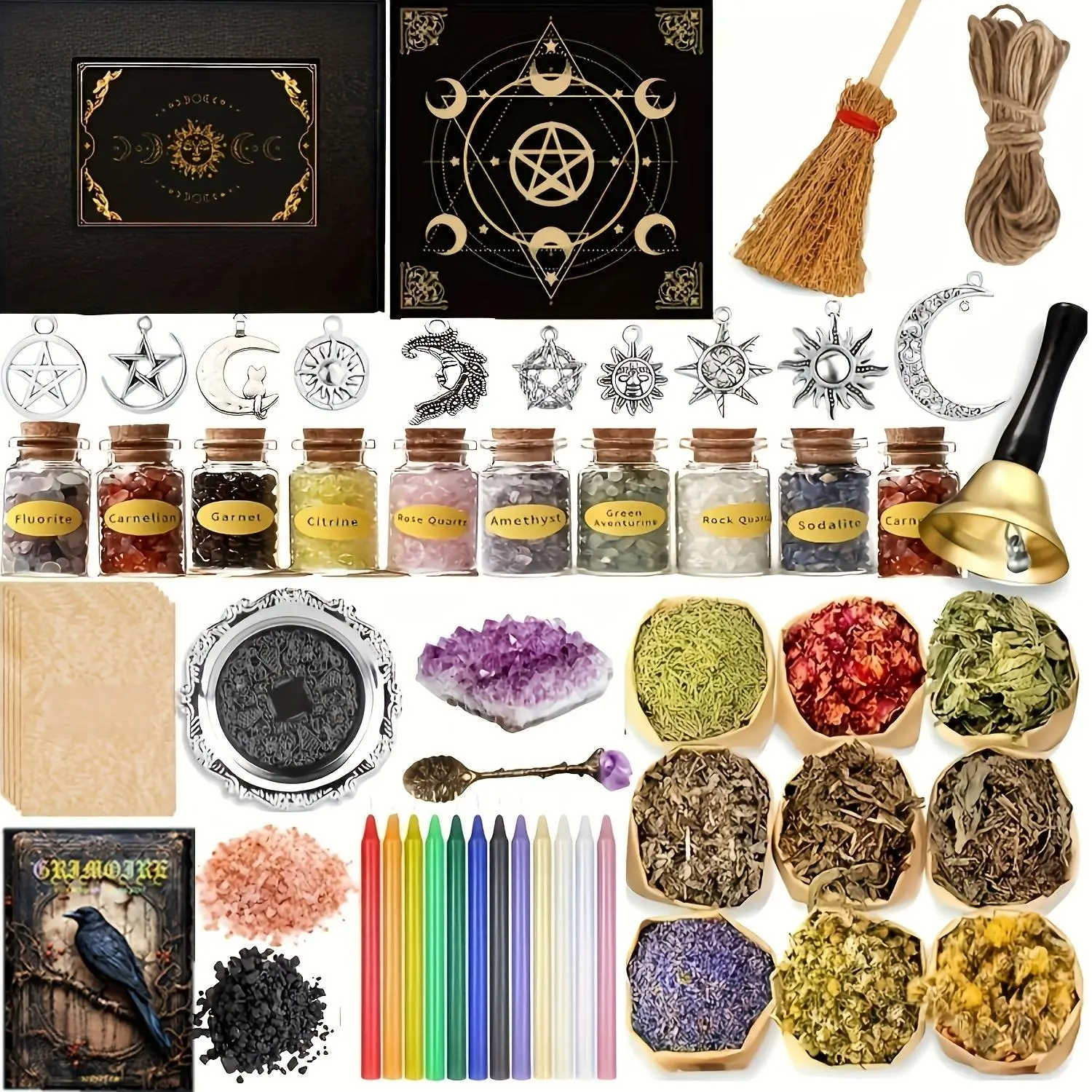 Beginner Witch Kit - Includes an herbal jar, rose quartz crystal, beeswax candle, magical tools, and altar accessories. Perfect for witch rituals, manifestation spells, home decor, and DIY gifts for Halloween, Christmas, and Thanksgiving.