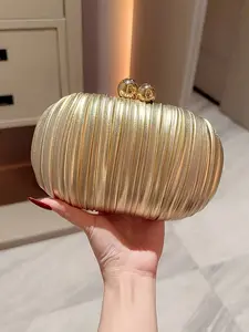 Elegant Metallic Pleated Mini Egg-Shaped Clutch Bag, Clutch Purse, Double Pearl Button Design, Perfect for Parties, Weddings, Brides, College Students