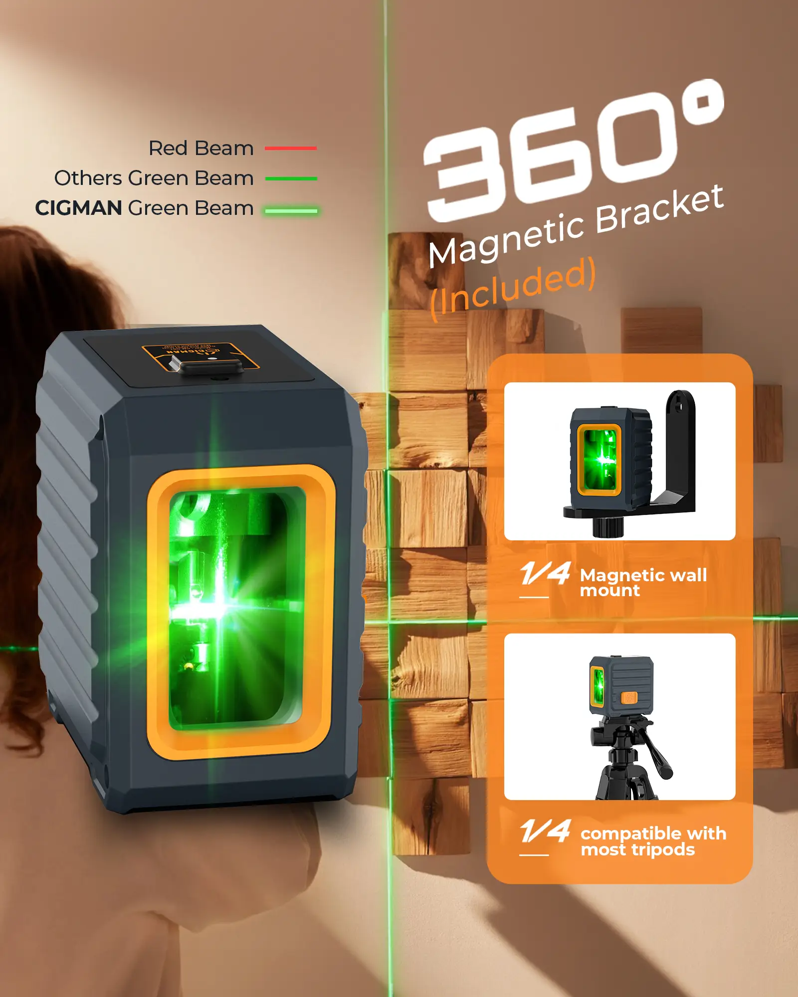 CIGMAN G01 Green Laser Level, Self-Leveling Cross Line with Horizontal and Vertical Lines, 100 Ft Visibility, Rotatable 360°, Charging Cable Included