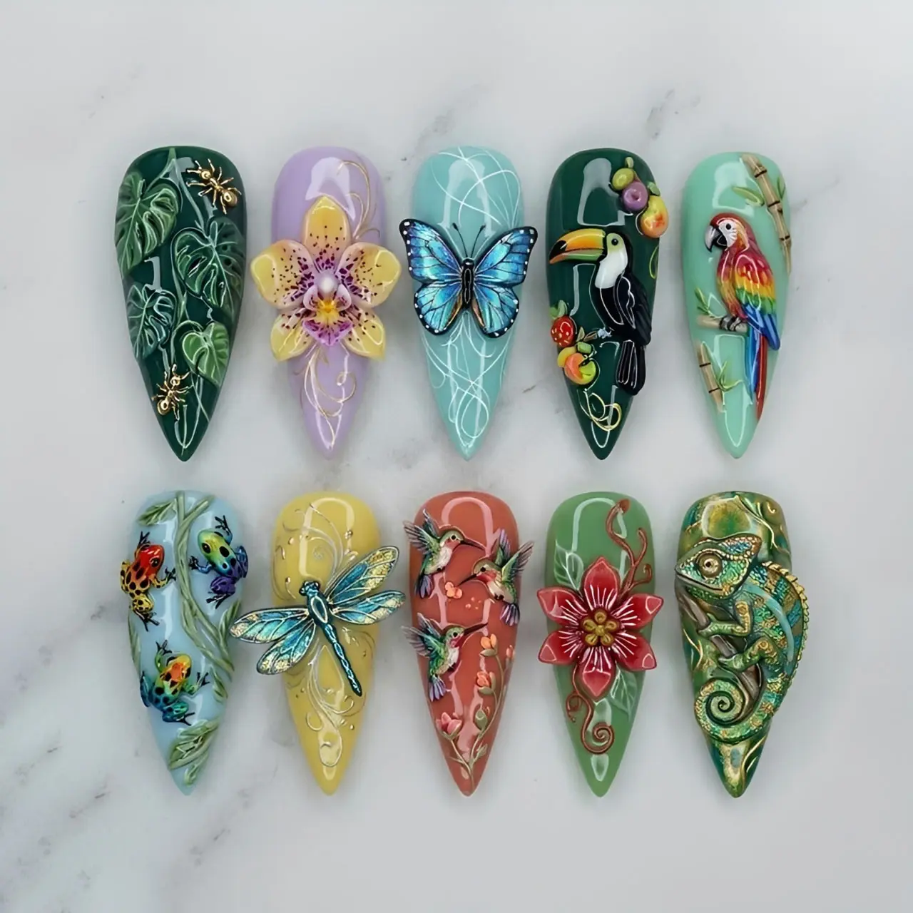 Tropical Jungle Press On Nails, 3D Butterfly Bird Nails, Chameleon Orchid Nails, Exotic Nature Acrylic Nail Set