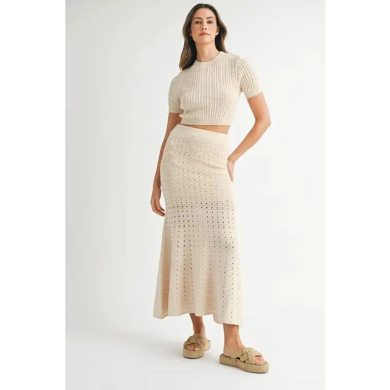 MABLE Pointelle Short Sleeve Crop Top and Slit Skirt Sweater Set
