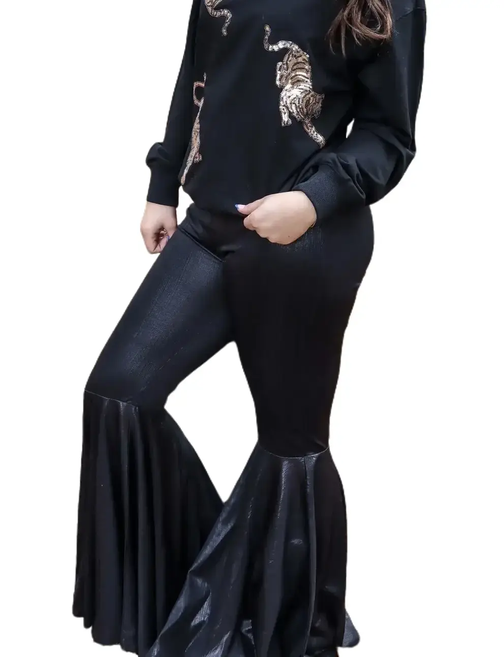 Women's Fashion Metallic Flare Pants - Elegant Shimmering Finish, Slim Fit, Elastic Waist Closure, Polyester-Spandex Bottoms for Fall, Winter, Spring