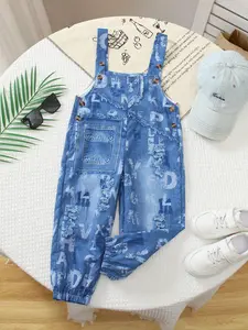Boy And Girl Style Suspenders Pants, Denim Twill Overalls For Spring, Summer Seasons, Children's Graffiti Letter Printed Imitation Denim One-Piece Pants Are Stylish And Casual, Suitable For Daily Use And Outdoor Activities, Perfect For Gift Giving
