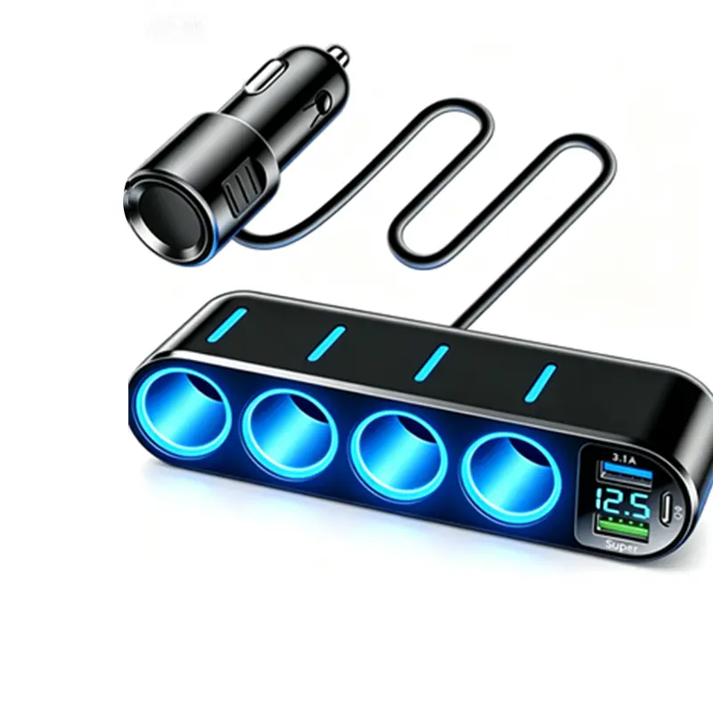 Nuokaiqi Multifunctional Automotive Car Charger - Car Adapter Extender with 4x12V Socket Ports, Dual USB Ports, PD Fast Charging, Night Light, Digital Voltage Display, In Car Charger