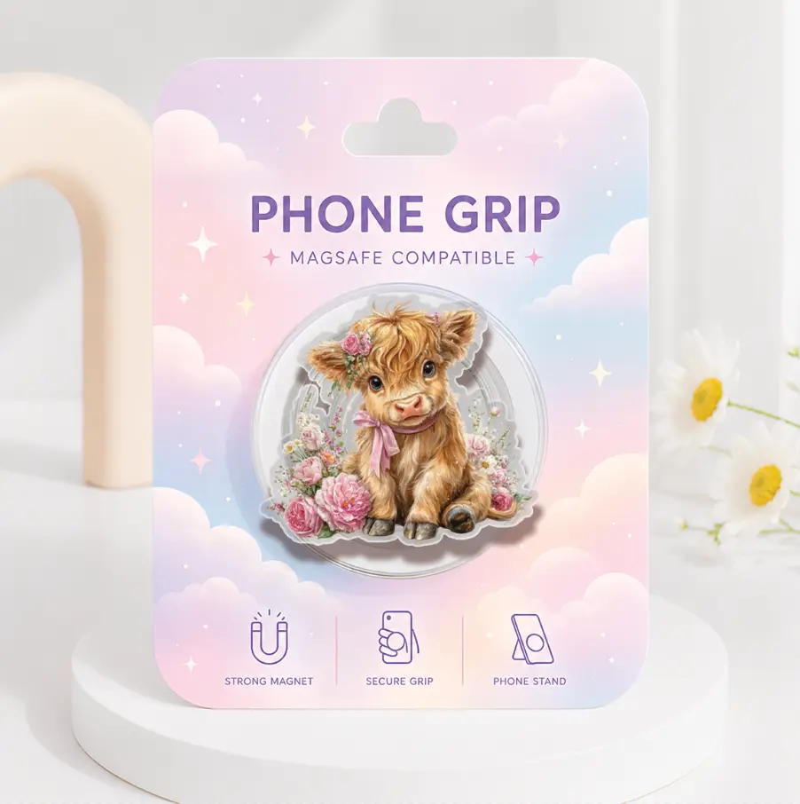 ATBG Cottagecore Highland Cow MagSafe Phone Grip, Cute Floral Baby Cow Magnetic Phone Holder, Coquettecore Highland Cow Acrylic Kindle Grip, Gift for Her