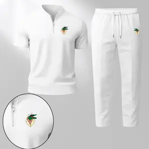 Men’s Lightweight Waffle Knit Zip Henley Set – Playful Cartoon Animal Print Short Sleeve Zip Collar Shirt and Pants Set, Breathable Soft Comfortable Casual Sportswear for Summer, Daily Wear