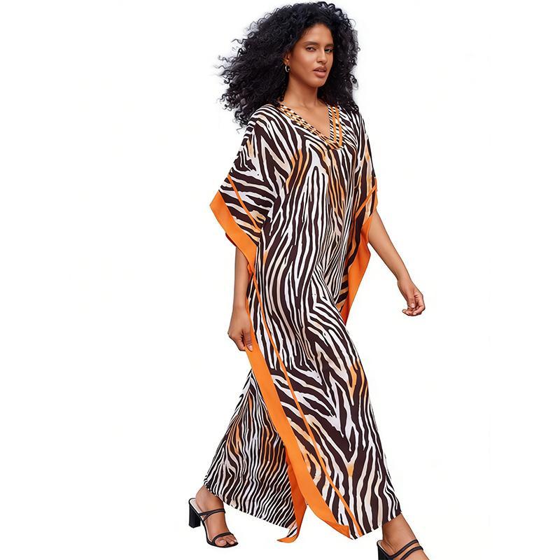 Women's Plus Size Ethnic Bohemian Zebra Leopard Viscose Caftan Dress - Deep V-Neck Batwing Sleeves (Flatter Arms), Side Slits, 54" Long, Soft Breathable Lightweight Fabric, Moo Moo, Evening Style Casual Beach Cover-Up, Swimsuit Cover-Up