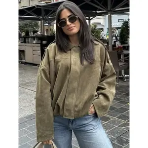 Women’s suede cropped bomber jacket — an elegant, oversized outerwear piece for autumn with batwing sleeves, a lapel collar, and a loose fit; suitable for casual streetwear.