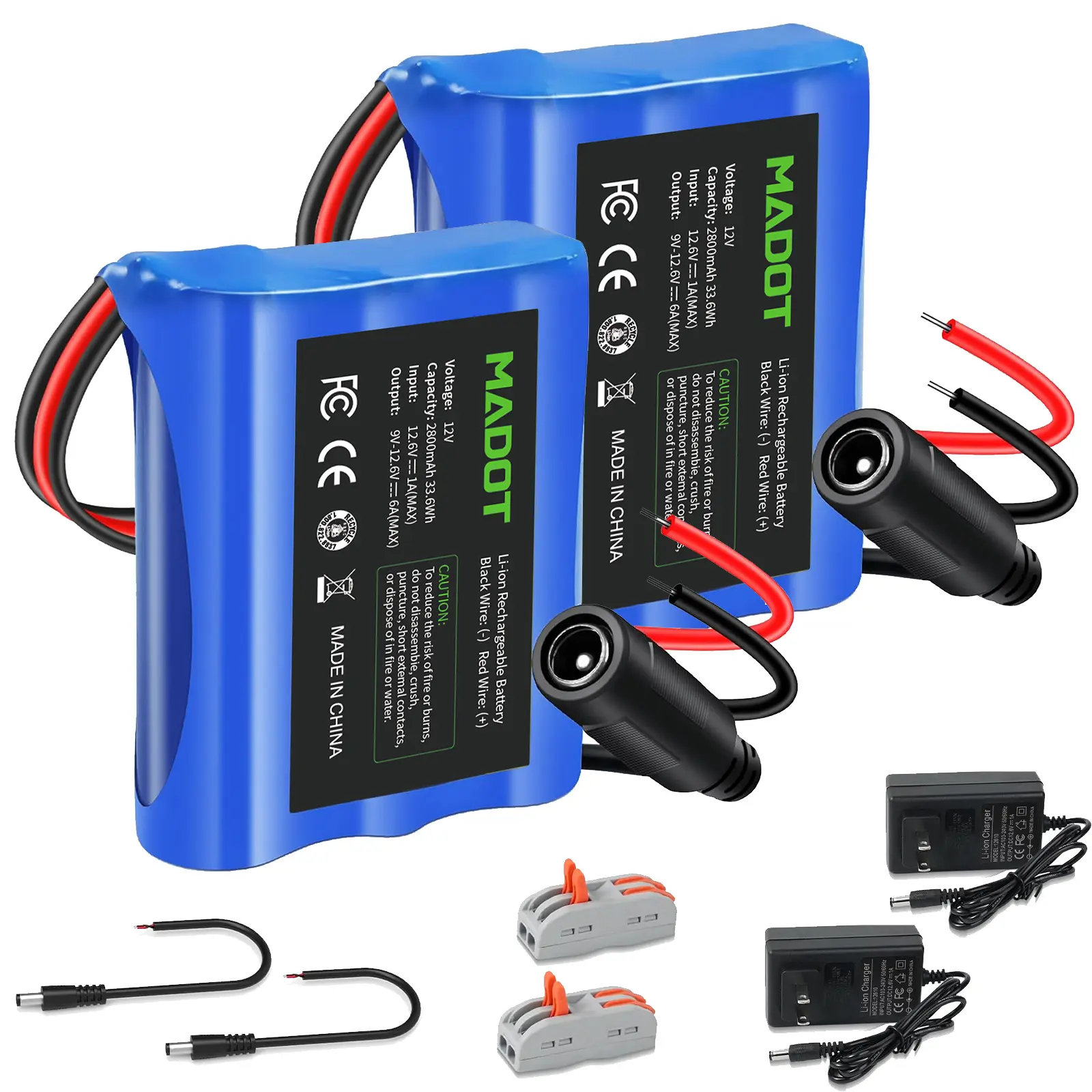 MADOT 12V 2800mAh Rechargeable Li-ion Battery Pack with Charger, Bare Leads Wire Replacement for RC Cars, DIY Projects, CCTV Cameras and Other Devices