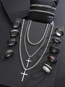 14-Piece Stainless Steel Jewelry Set, Hip Hop Punk Casual Cross Ring Necklace Bracelet, Men's Accessories for Dates Parties Gifts
