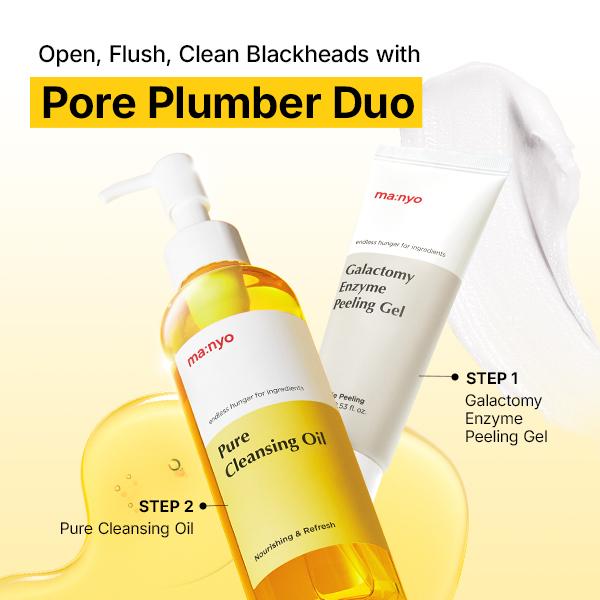 [ma:nyo] Pore Plumber Duo (Galactomy Enzyme Peeling Gel 75ml + Pure Cleansing Oil 200ml) 2-Step Double Cleansing Set for Face, Dead Skin & Blackhead Remover, Korean Skin Care