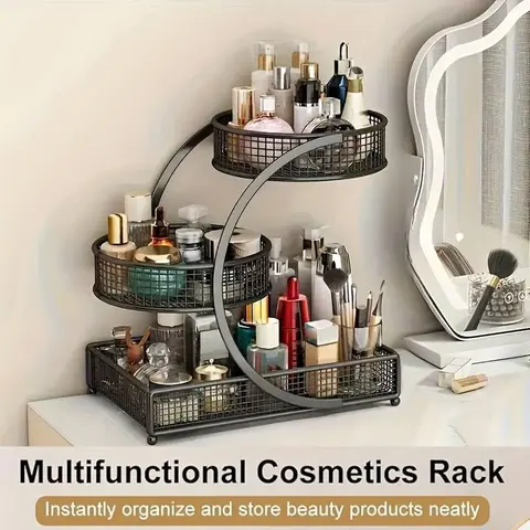 3 Tier Black Rustproof Metal Vanity Shelf - 2/3-Tier Modern Rectangular Tool Organizer, Beauty Supplies Storage, Makeup Holder, 12.59"x7.48"x13.77", Dressing Room/Bathroom Countertop Storage, Durable Ideal Gift Option