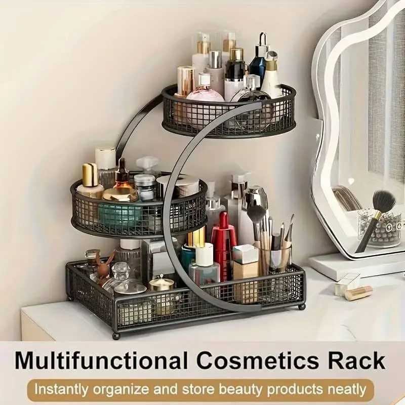 Black 2/3-Tier Modern Rectangular Rustproof Metal Vanity Shelf - Bathroom Cosmetic Tools Organizer, Beauty Supplies Storage Organization, Durable Makeup Countertop Holder, 12.6"x7.5"x13.8", Ideal Gift Option