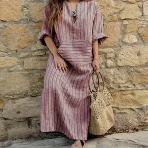 Summer Long Dress Cotton Linen Casual Dresses 2025 New Striped Loose Maxi Dress Sundress Vacation Clothes For Women