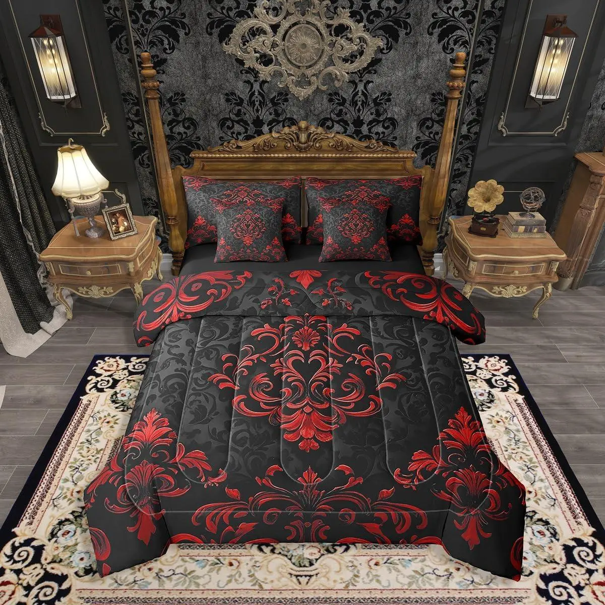 Feelyou 7-Piece High Tensile Strength Gothic Vintage Floral Damask Bed-in-A-Bag Bedding Set - Queen, King Sizes, Black-Red Boho Victorian Baroque Breathable Comforter & Bedsheet Set for Adults