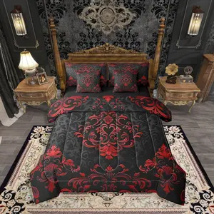 Feelyou 7-Piece Gothic Vintage Floral Damask Bed Comforter Set - Black-Red Boho Exotic Goth Bedding Products with Breathable Sheets, Multi-Size Bed-in-A-Bag for Adults (Victorian Baroque Design, Queen Option)