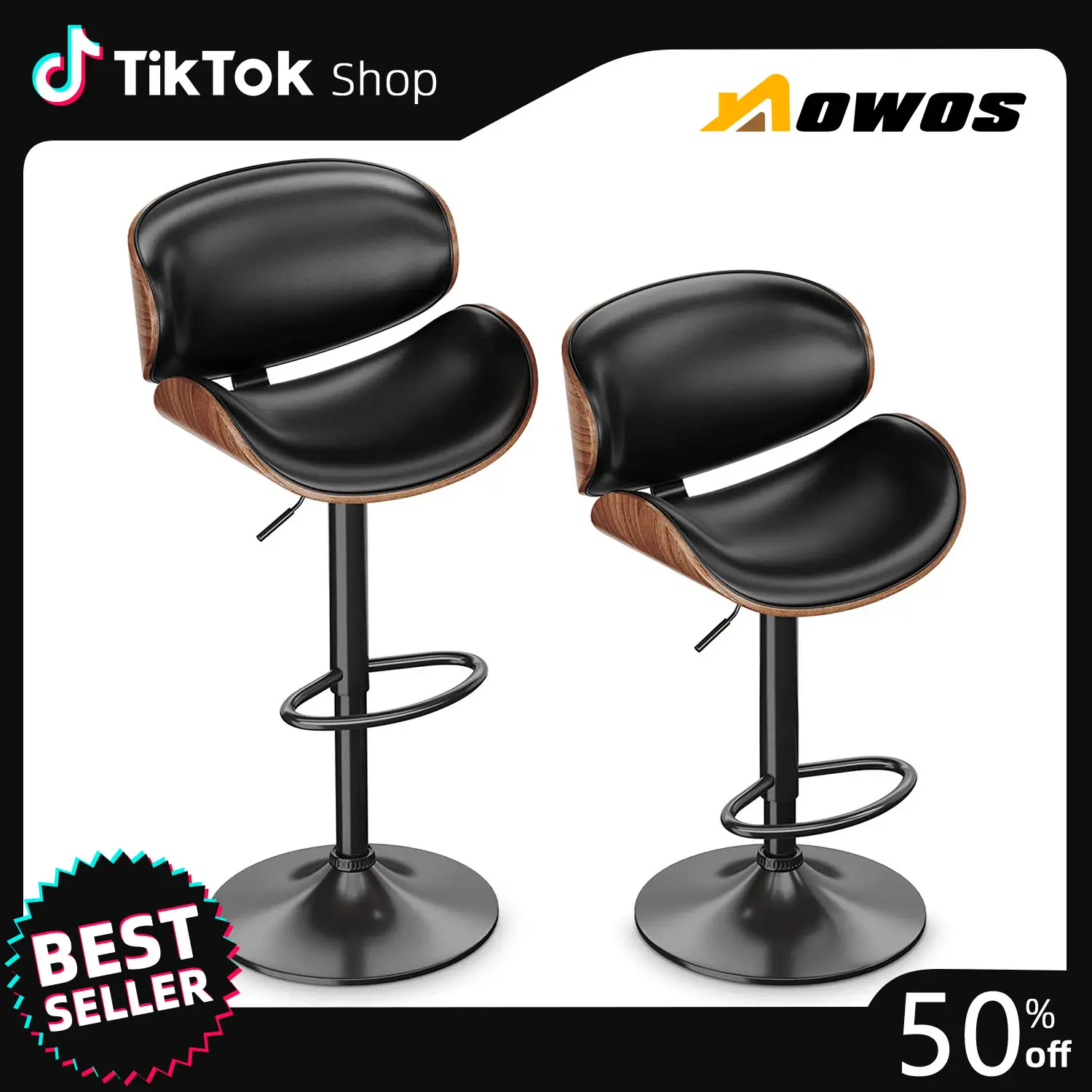 【FallDealsForYou】AOWOS Bar Stools for Kitchen Counter, Adjustable Bentwood Barstools, Modern PU Leather Upholstered Bar Chair with Back and Footrest,