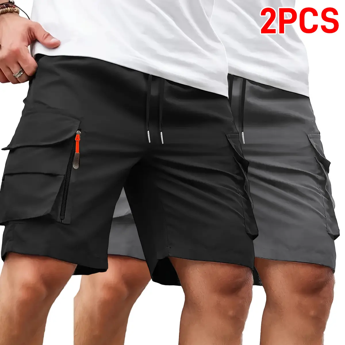 Men's 2-Pack Mid Waist Active Athletic Cargo Shorts, Quick-Dry Lightweight Loose-Fitting Plain Polyester, Elastic Drawstring Waist, Multi-Pocket Design for Hiking, Camping, Outdoor Activities, Sporty Chic, Elastic Waist