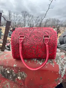 Deep Cherry Red Speedy Western Genuine Leather Barrel Bag Purse or Briefcase