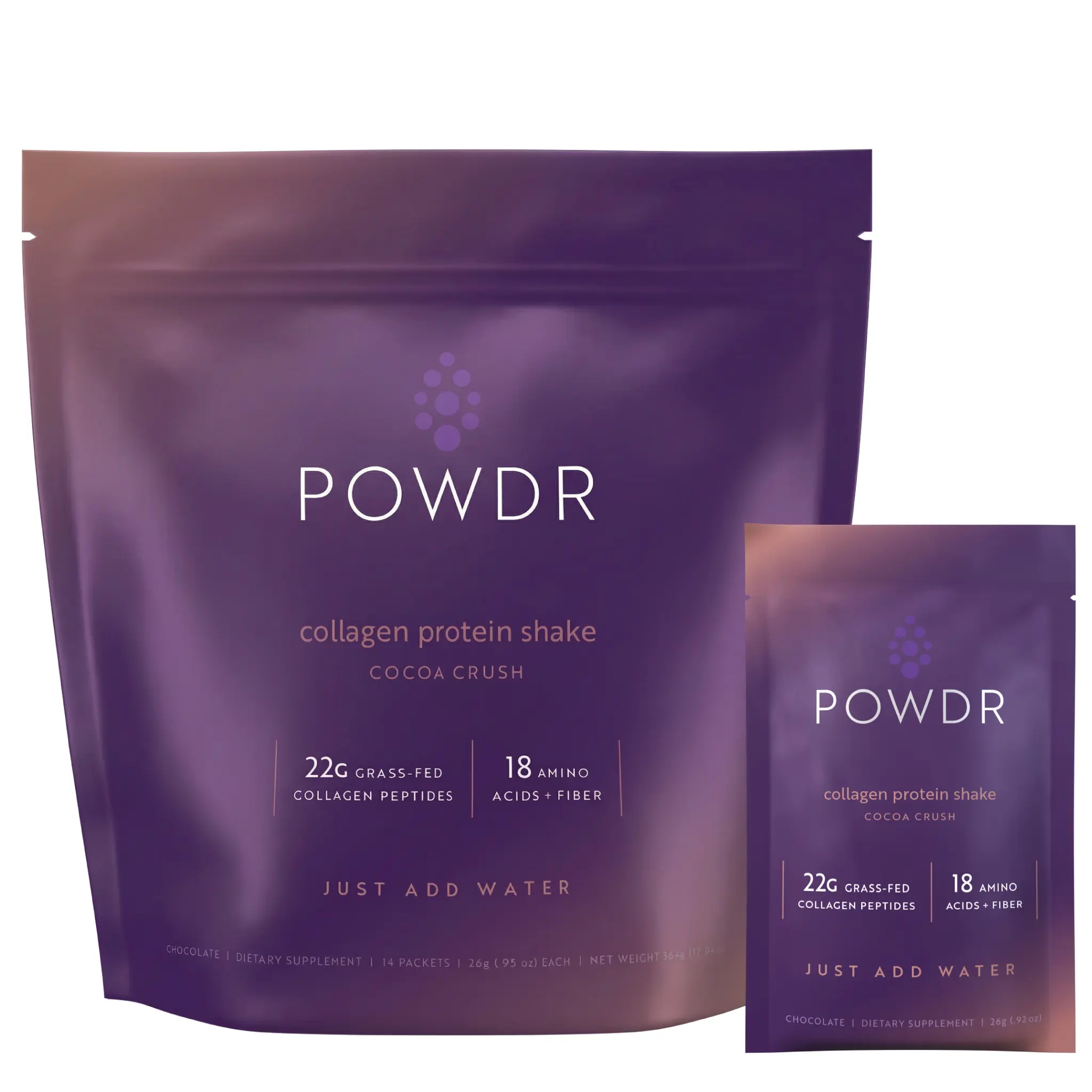 Drinkpowdr Collagen Protein Dietary Powder Shake - 22g Grass-Fed Collagen Peptides, Fiber, Iron, Potassium, Natural Chocolate Flavor, Natural Skin Care Supplement, Mixes Smoothly in Water or Milk