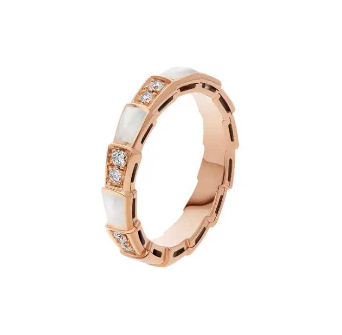 Pre-owned Bvlgari Serpenti Viper 18 kt rose gold Thin band ring set with pavé dia and white mother of pearl elements,full set