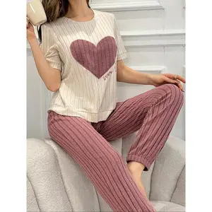Sweet Heart Women's Pajama Set, Autumn New Round Neck Short sleeved Pants Two piece Comfortable Home Clothes
