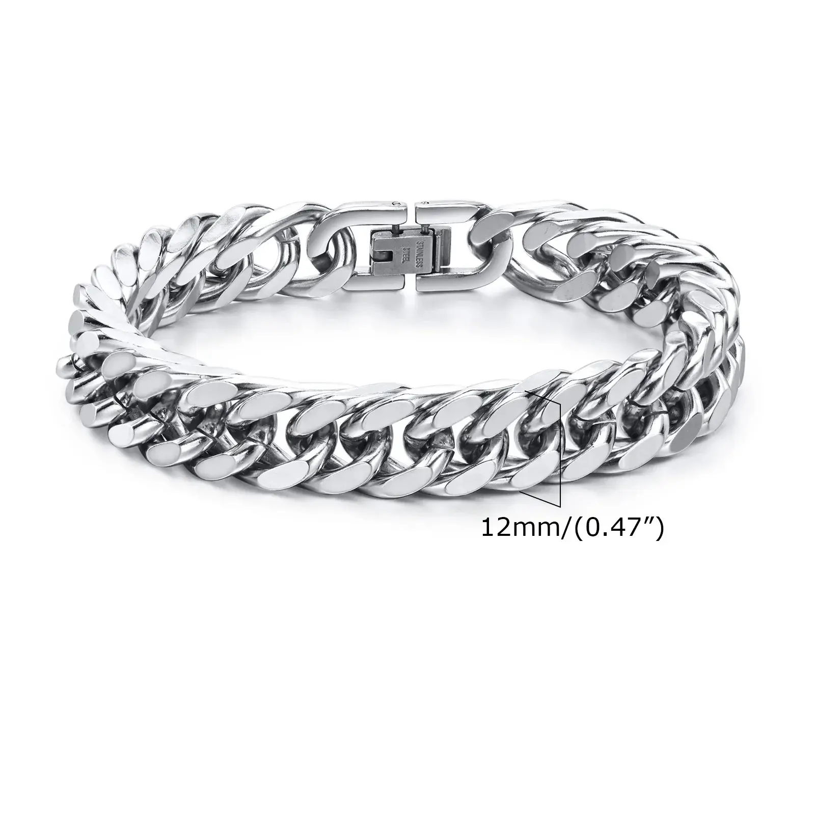 Men's Heavy Stainless Steel Double Cuban Link Bracelet - High Polish Silver Curb Chain - Waterproof Luxury Wristband (12mm)