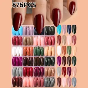 576pcs Almond Shape False Nails, Glossy Finish, Reusable, No File Needed, Perfect for Parties, Travel, Daily Wear, Girls & Teens, Glossy Fake Nails