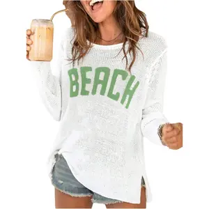 Women's Beach Cover Up Letter Print Long Sleeve Sweater Crew Neck Split Hem Crochet Jumper Top