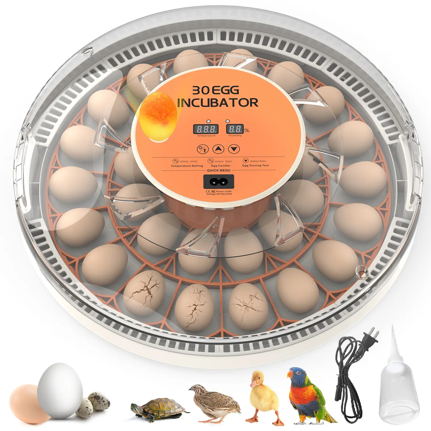 30 Egg Incubator with Automatic Turner, Digital Temperature and Humidity Display, and Built-in Egg Candler for Hatching Chickens, Quail, and Ducks