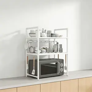 Expandable Microwave Rack, Adjustable Width and Height Kitchen Organizer, Space-Saving Countertop Storage Shelf, Durable Structure
