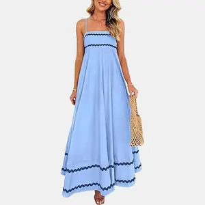 PRETTYGARDEN Women's Summer Flowy Maxi Dress Casual Sleeveless Spaghetti Strap Ruffle Beach Long Dresses-Womenswear Minimalist Light Blue Basic Machine Washable