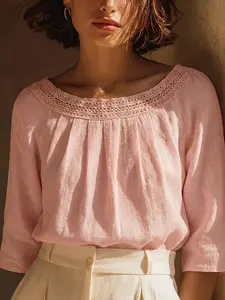 Elegant Women's Linen Shirt, Lace Trim One Shoulder Mid Sleeve Top, Breathable Summer Casual Blouse, Perfect for Dating and Vacation