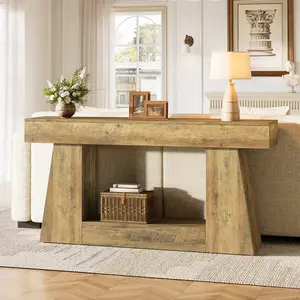 LITTLE TREE 63" Farmhouse Console Table with Storage, Rustic Sofa Table for Entryway, Narrow Long Sofa Table Behind Couch, Console Table for Living Room, Hallway—Versatile Storage Solution, Oak