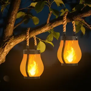 Gen2 Solar Lanterns Outdoor  with Realistic Flickering Flame, Dual  (USB/Solar) & 2 Modes - Decorative Hanging/Table Lights for Yard Patio Garden Halloween Christmas Decor, 2