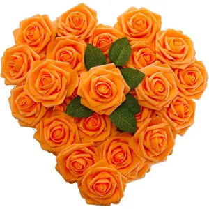 [25PCS] Orange Roses Artificial  with Long Stem Real Touch   Roses for Decoration DIY Wedding Bouquets Centerpieces Bridal Shower Flower Arrangements Home Decor