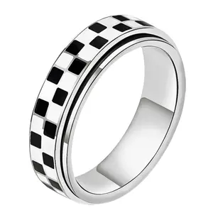 1pc Adult Checkered Ring Plated Stainless Steel Rotating Jewelry, Anxiety and Stress Relief Gift for Men/Women Stylish Luxury Black and White Pattern