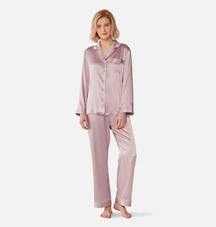 SIORO Women's Silk Satin Pajamas Set Long Sleeve Sleepwear in Soft Pink Cozy Nightwear with Matching Pants for Relaxation