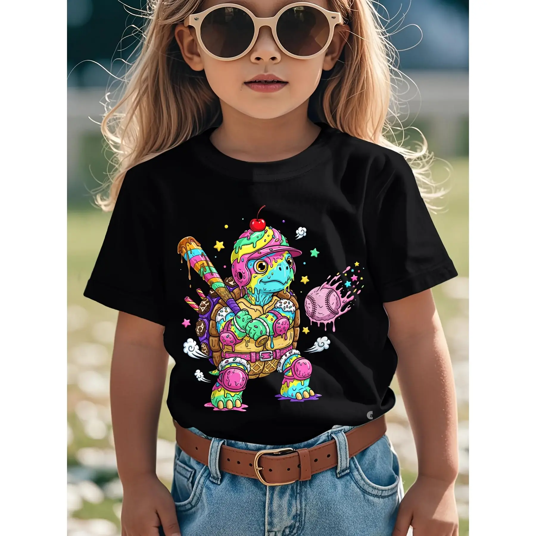 Soft Breathable Baseball Turtle Drip Ice Cream Drip Turtle Baseball Stuff T-Shirt for Kids | Boys & Girls Graphic Tee - Round Neck Shirt for Early Elementary - Birthday Party Outfit or Everyday Play Clothes - Easy-Care Parent-Favorite Apparel