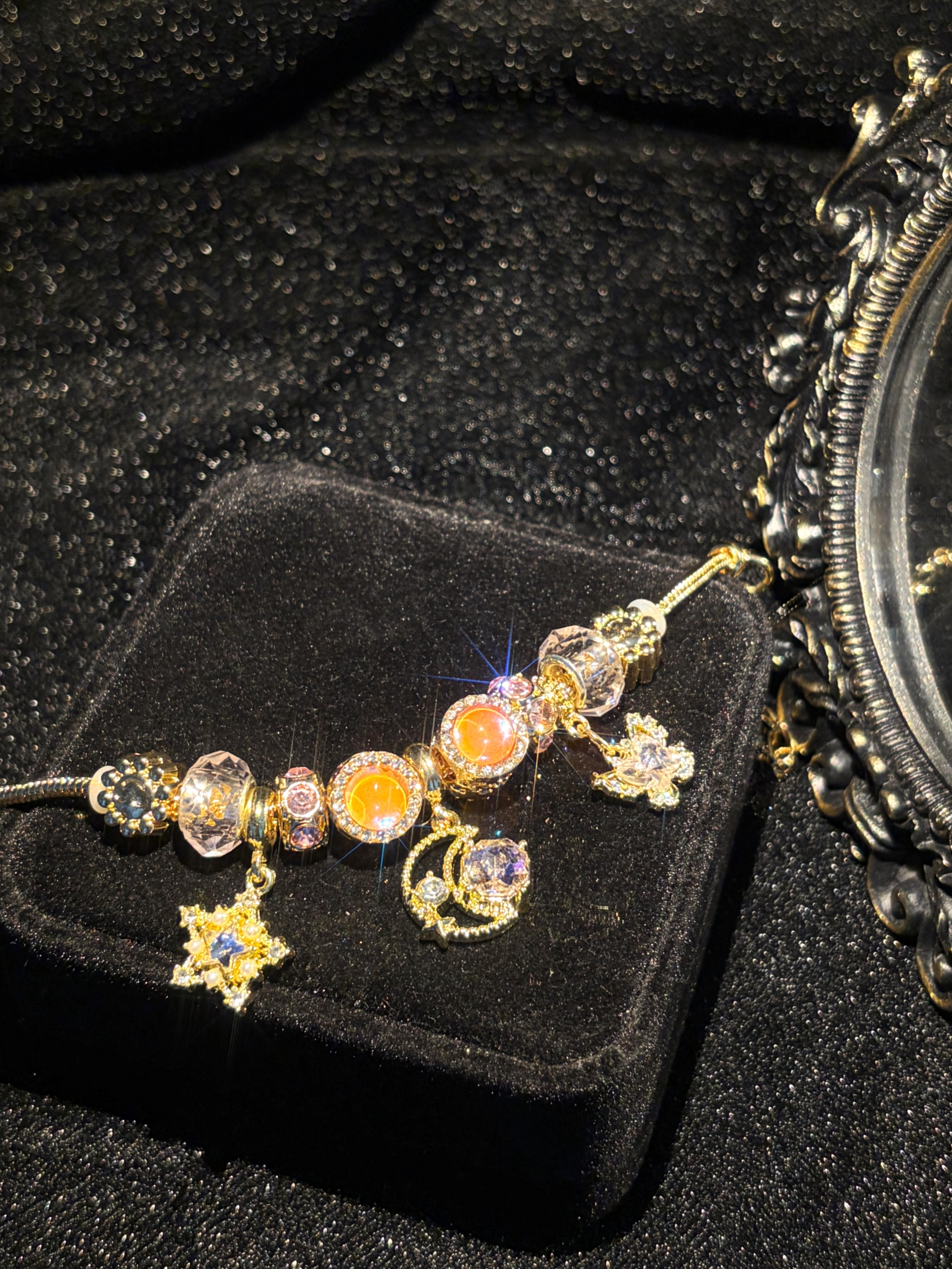 Gold Tone Moon Star Charm Bracelet, Sparkly Crystal Beads Dangle Bracelet for Women Jewelry Gift