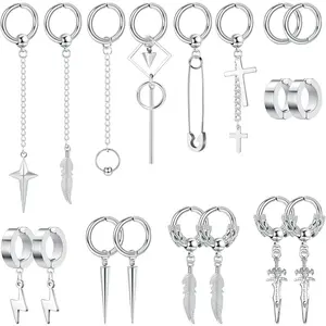 Men's stainless steel hanging fake earrings cross sword feather lightning hinge ring non perforated earring set black silver