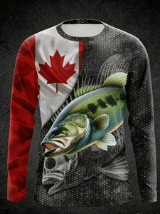 Men's Fishing Tiki F1 Long Sleeve Shirt, Half-Dry Grass Camouflage & Design, Fish-Biting-Hook Graphic, Quick-Drying Ice Silk Fabric, Outdoor Apparel