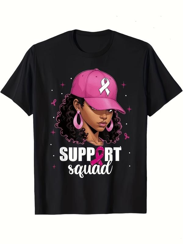 Women's Soft Cotton Short-Sleeve Classic Crew Graphic T-Shirt - Breast Cancer Awareness Breast Aware Apparel, Black Curly Woman Print, Pink Hat, Pink Ribbon, Unisex Support Squad Hoop Accent 1-Piece Top