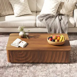 ARCH 47'' Rectangle Coffee Table With Storage Mid Century Farmhouse Square Spiral Grain Coffee Tables Walnut For Living Room Coffee Table With 2 Drawers (Brown)