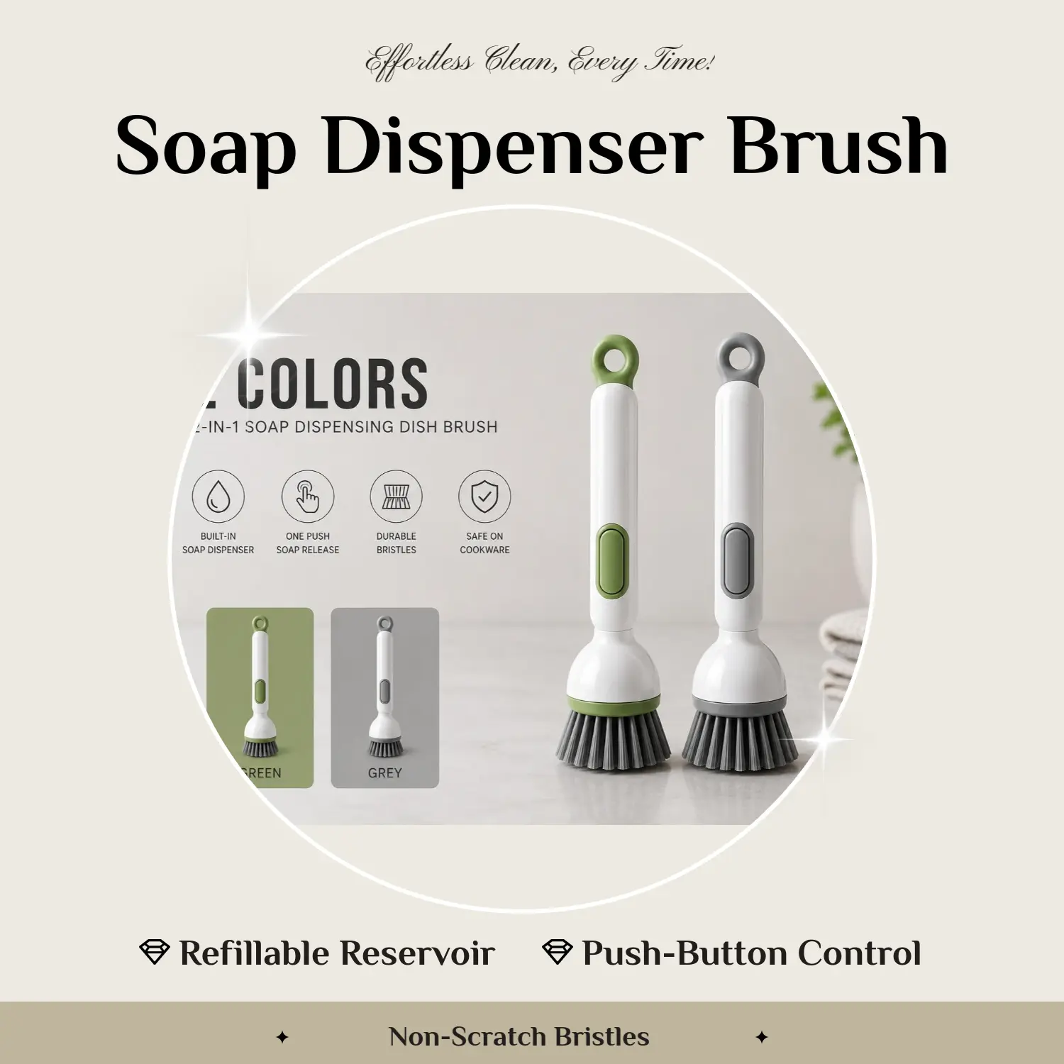 Multifunctional Soap Dispensing Dish Brush with Handle – Refillable Kitchen Scrub Brush for Dishes, Pots, Pans, Sink & Stove Cleaning